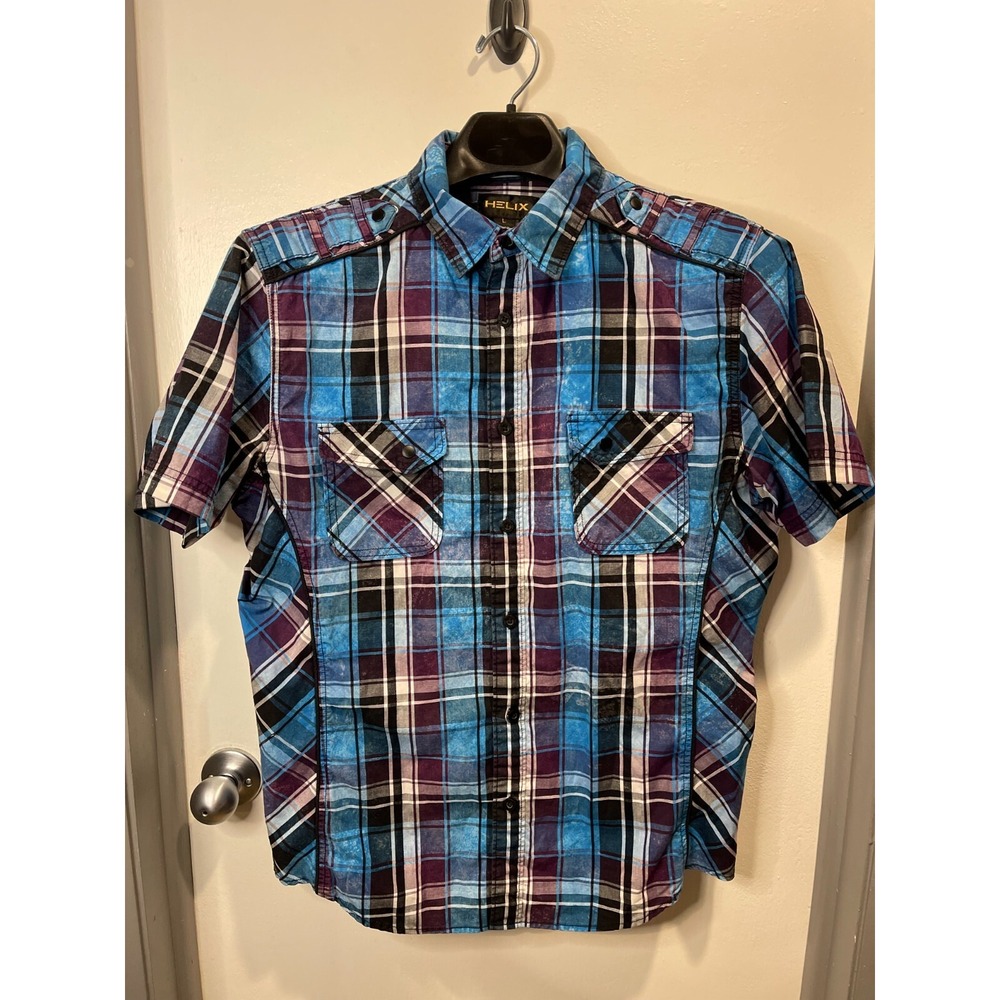 Helix Men's Button Up Plaid Short Sleeve‎ Shirt Size L
